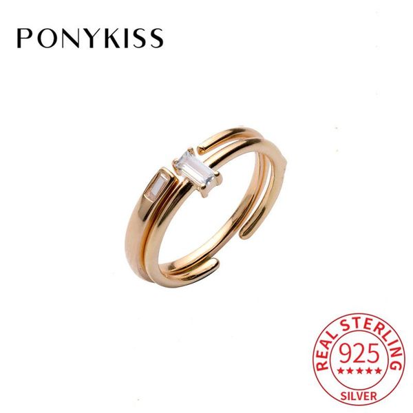 

cluster rings ponykiss s925 sterling silver square decoration adjustable open ring for women fine jewelry accessory girl party gift, Golden;silver