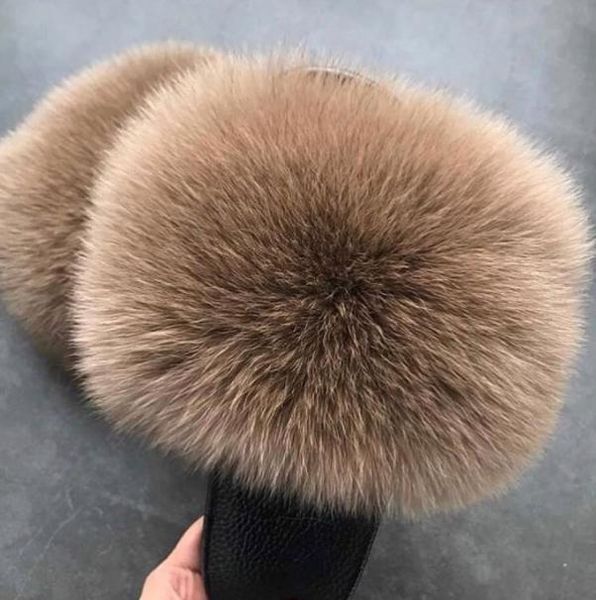 

women's summer flat slippers genuine fur thick hair non-slip indoor silver sole, Black