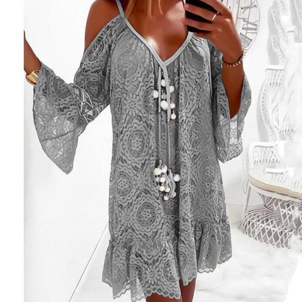 

casual dresses summer strapless women lantern sleeve party v-neck loose home bohemian lace outdoor ladies mini dress, Black;gray