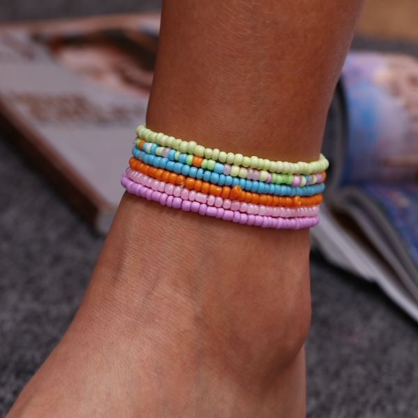 

7pcs/set candy color beads anklet bracelet for women foot ankle colorful elastic chain anklets bohemian jewelry, Red;blue