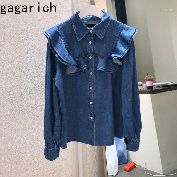 

women's blouses & shirts gagarich women shirt 2021 spring autumn korean chic french retro temperament lotus-leaf stitching designed lad, White