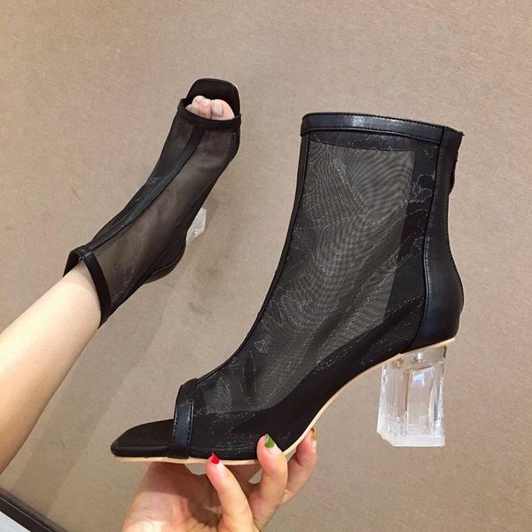 

boots crystal high-heeled autumn fish female 2021 mouth mesh cool shoes summer, Black