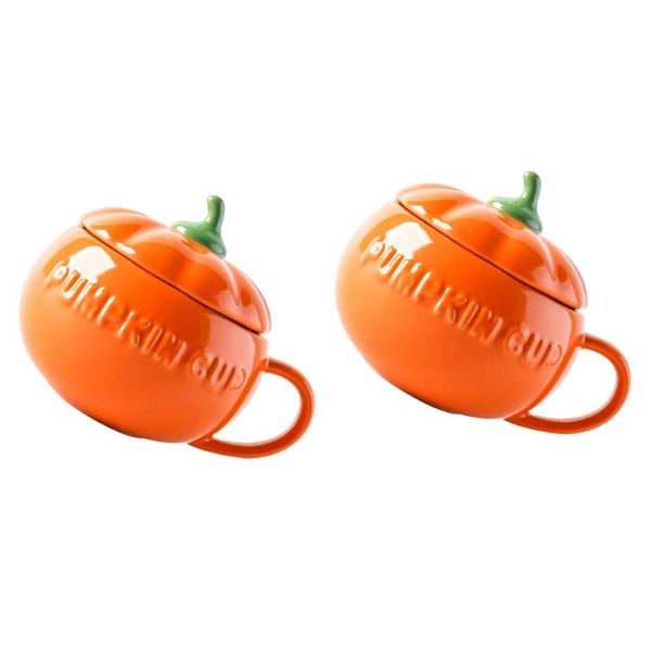 

cups & saucers 2 pcs creative pumpkin ceramic mugs breakfast with covers (orange)
