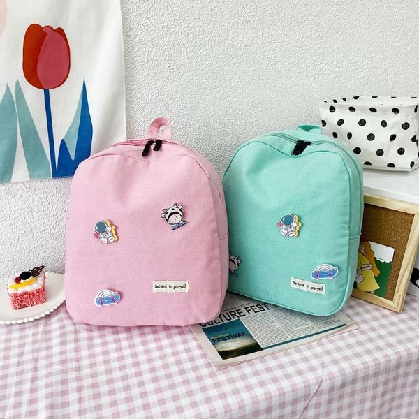 

school bags canvas solid color handbags backpack preppy style women knapsack waterproof campus travel rucksack with badges