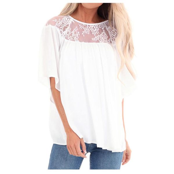 

fashion womens lace blouse o-neck chiffon splicing pure color easy elegant loose beach shirt daily women's blouses & shirts, White