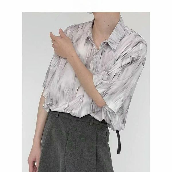 

men's casual shirts tie-dye short-sleeved shirt male handsome summer five-point sleeve ice silk loose ins tide brand drape clothing, White;black