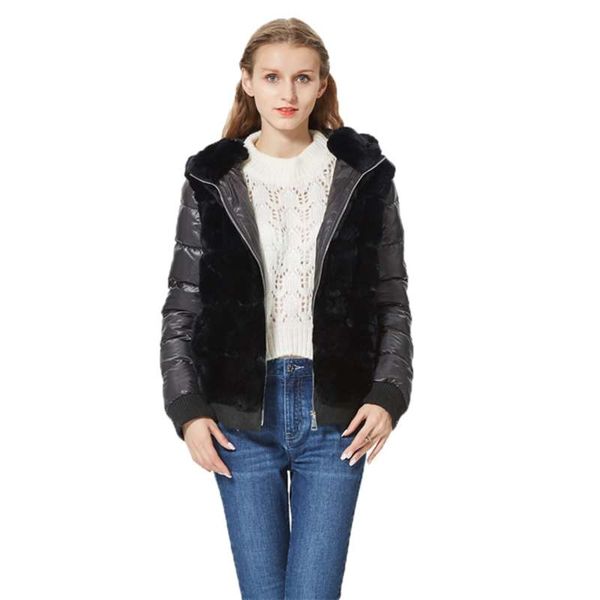 

real rex rabbit fur coat with hood down jacket sleeves fur bomber jacket hooded with down coat women 210928, Black