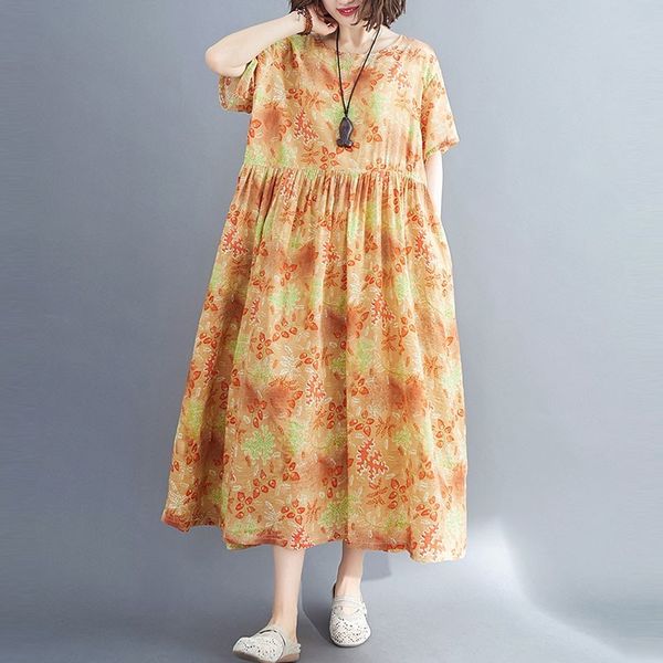 

oversized women cotton linen casual dress new summer simple style vintage print loose comfortable female long dresses s3245 210412, Black;gray