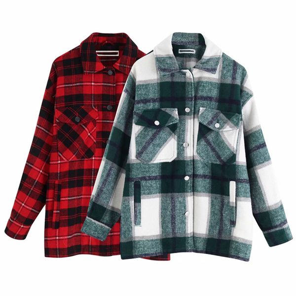 Plaid Mäntel Jacken Frauen Streetwear Fashion Langarm Büro Jacken Mäntel Taschen Übergroße Oberbekleidung Chic Vintage Mantel Tops 210419