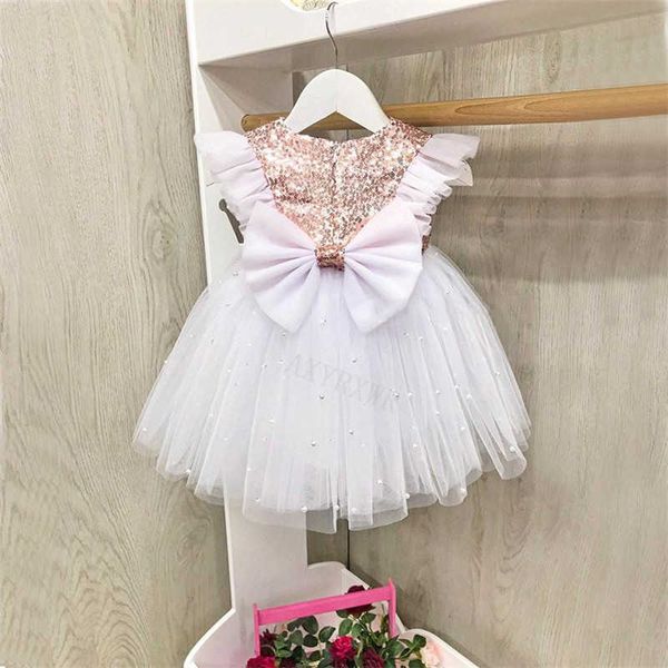 1-6y meninas princesa lantejoulas pérola laço vestido de tule aniversário festa de casamento crianças bowknot Batening vestidos para crianças roupas q0716