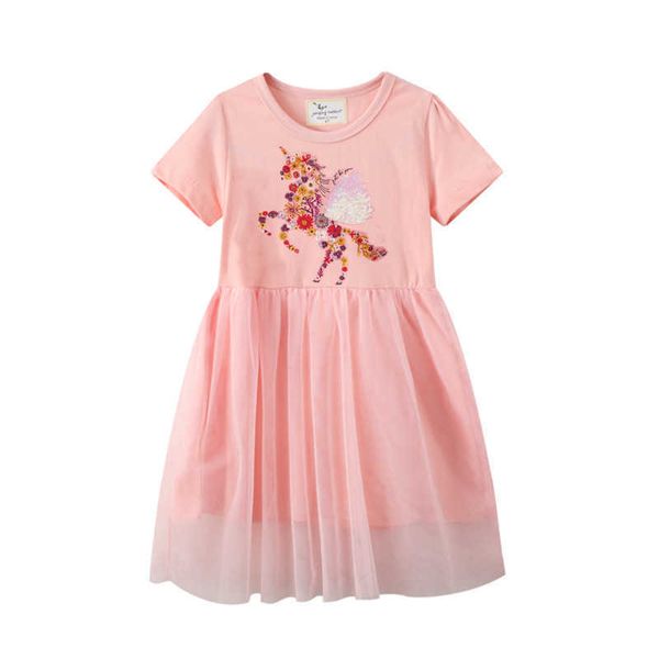 Metri di salto Principessa Ragazze Abiti Cotone Vestiti per bambini Per l'estate Unicorn Applique Chidren Party Tutu Toddler Birthday Dress 210529