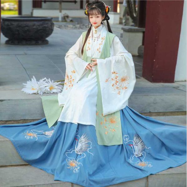 

clothing sets spring hanfu female ancient costume super fairy and ming system stand-up collar embroidery warmth long coat than a skirt, White