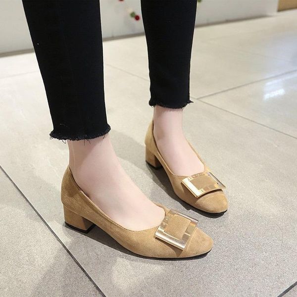 

dress shoes thick high heel pumps women 2021 solid flock round toe work woman metal square buckle slip on shallow casual, Black