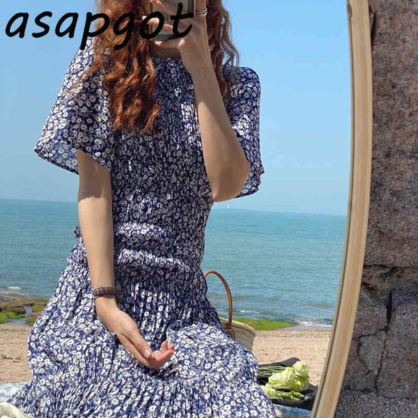 Kore Chic Yaz Kız Bir Çizgi O Boyun Kısa Kollu Baskı Çiçek Elbise Kadınlar Pileli Bel Ince Vintage Vestido De Mujer Wild 210429