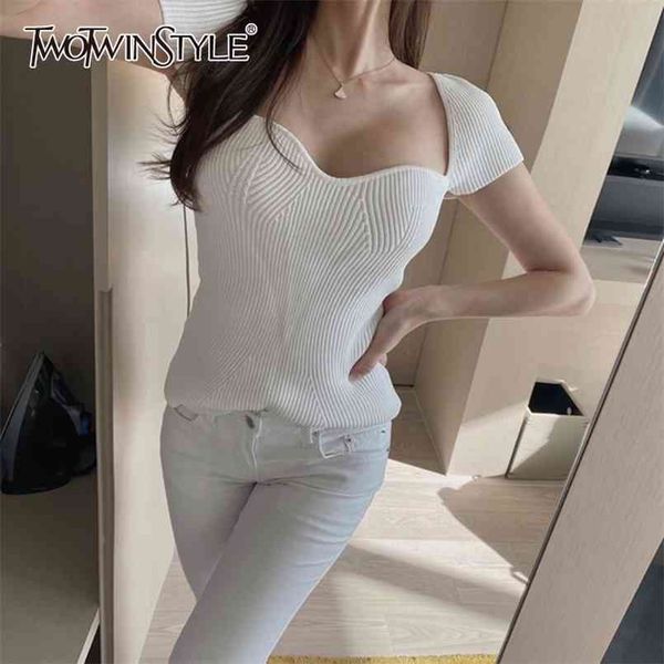 

knitted white shirt for women square collar short sleeve slim solid blouse female fashion clothing summer 210524