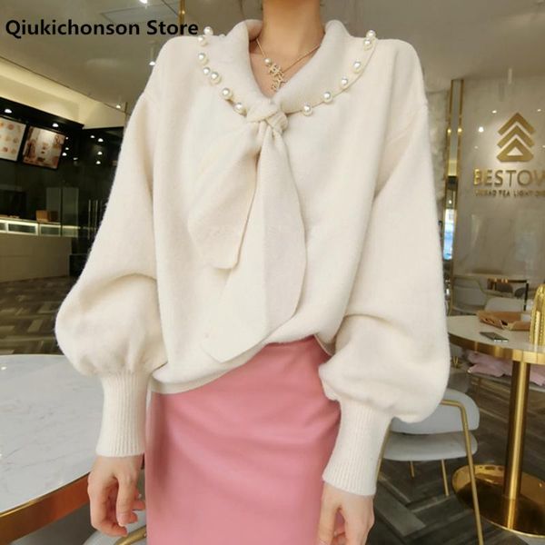 

women's sweaters korean cute pearl beading bow collar knitted women autumn winter elegant ladies loose lantern sleeve pullover jumpers, White;black
