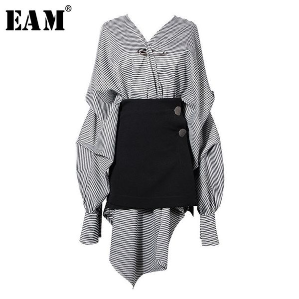 

[eam] women black plaid irregular stitch big size dress new v-neck long sleeve loose fit fashion tide spring autumn jg892 210409, Black;gray