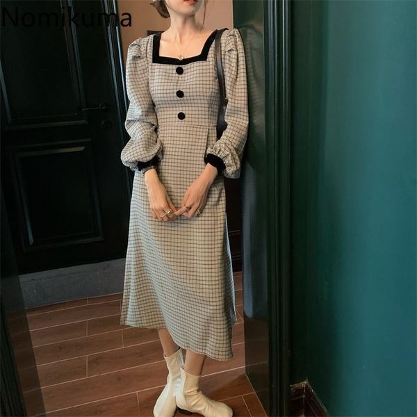 

nomikuma plaid dress women contrast color patchwork square collar long sleeve mid calf dresses female elegant retro vestidos 210514, Black;gray