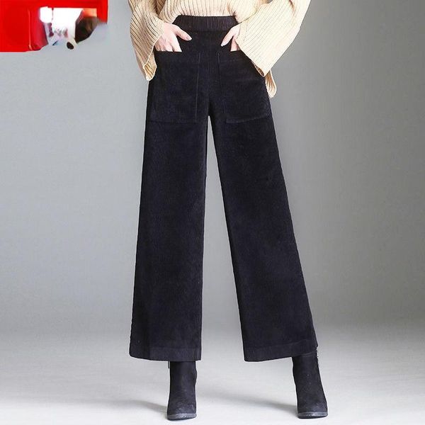 

women's pants & capris spring woman high waist corduroy wide leg pant female vintage straight trouser without belt ladies casual loose, Black;white