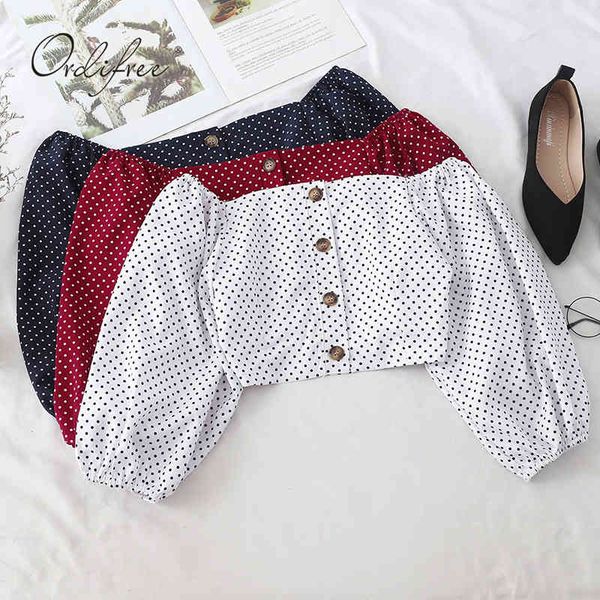 

summer women off shoulder blouse half sleeve polka dot short shirts 210415, White