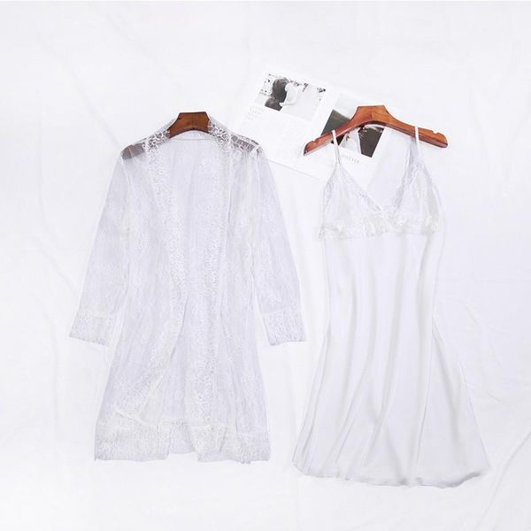 

women's sleepwear white bride wedding robe sets 2pcs faux silk satin kimono gown lace patchwork mini thin womens summer nightdress, Black;red