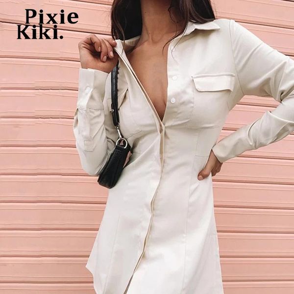 

casual dresses pixiekiki white shirt for women 2021 elegant hollow out backless button up long sleeve mini dress p92-dc29, Black;gray