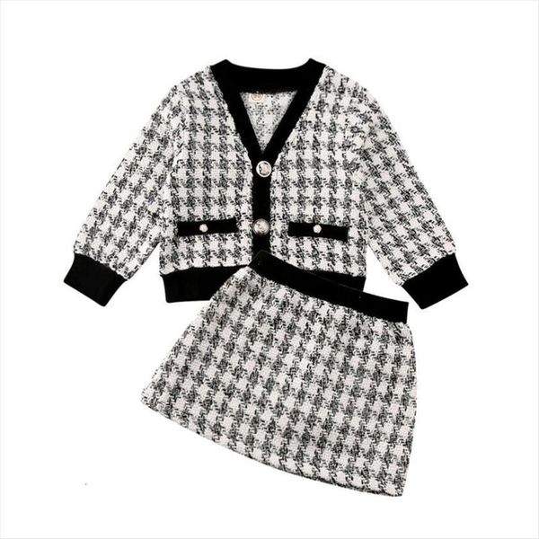 

2pcs fashion winter toddler baby girls outfits suit cute plaid coat skirts formal party kids children clothes set, White