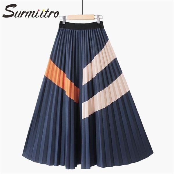 

surmiitro midi long pleated skirt women fashion autumn winter korean style patchwork high waist mid-length female 211109, Black