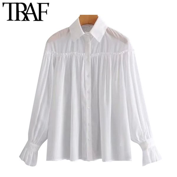 Camicette bianche larghe semi-trasparenti moda donna Camicie bianche abbottonate a maniche lunghe vintage Blusas Chic Top 210507