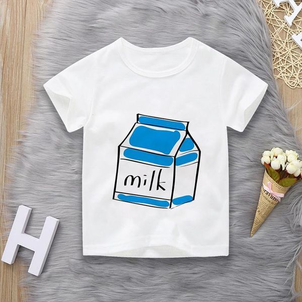 

harajuku cartoon girls printing drinks milk kawaii kids fashion boys t shirts round neck childrens clothes tee, Blue