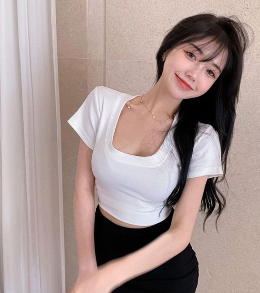 

t-shirt t-shirt white female sleeve 2021 new summer korean style slim fitting short bottomed shirt with square collar