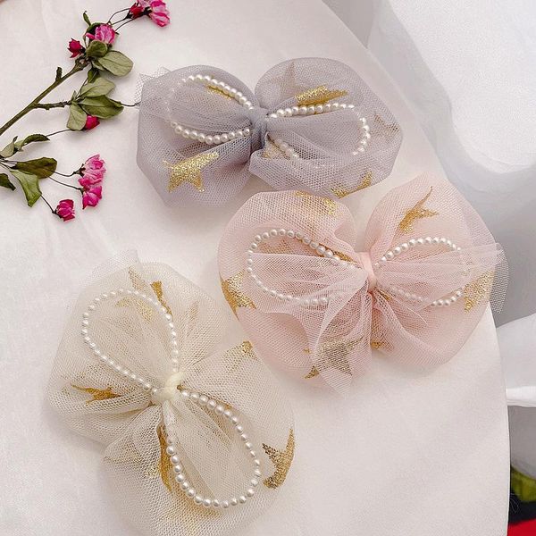 

boutique 12pcs fashion cute glitter star tulle bow hairpins pearl beads bowknot hair clips princess headwear accessories, Slivery;white