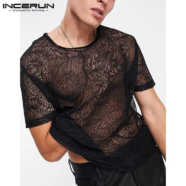 

men mesh t shirt see through lace streetwear short sleeve o neck party nightclub t-shirts tee s-5xl incerun men's, White;black
