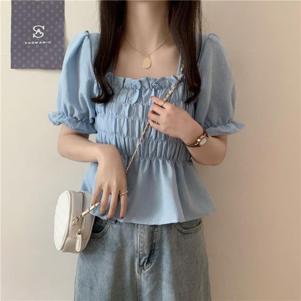 

women's t-shirt summer korean style chic puff sleeve shirt tight waist short square leader chiffon vintage, White