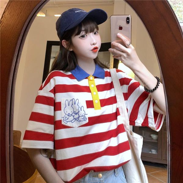 

women's t-shirt striped collar cartoon short-sleeved print all-match college style, White