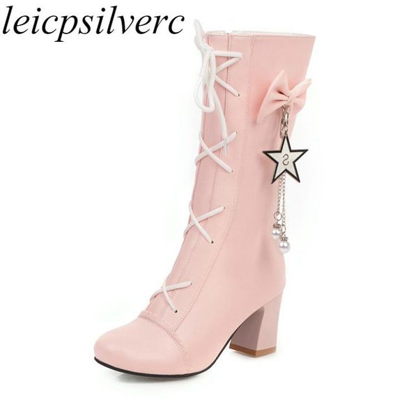 

boots women high heel round toe zip pu winter european style mid-calf butterfly-knot pearl 2021 white pink, Black