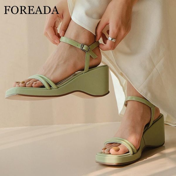 

dress shoes foreada natural genuine leather sandals platform wedges heel square toe high heels buckle strap ladies footwear, Black