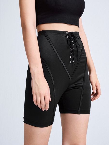 

eyelet lace up knot biker shorts m1hh#, Black