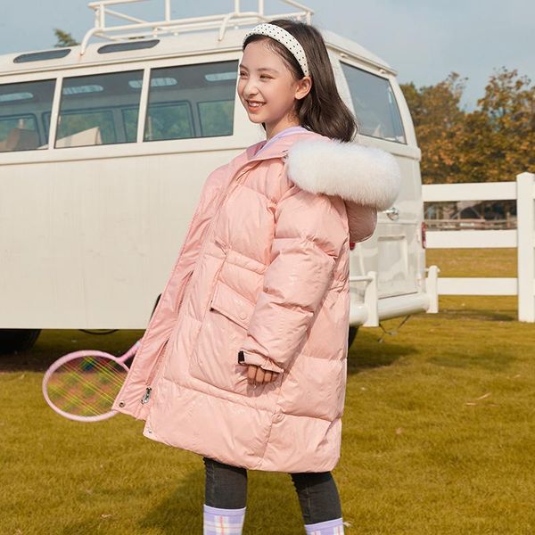 

down coat fashion girls jacket 2021 children's clothing -30 degrees winter parka thick hooded warm fur collar, Blue;gray