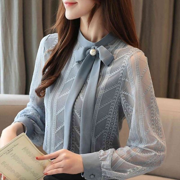 

blusas mujer de moda womens shirts long sleeve stand collar lace chiffon shirt blusa b910, White