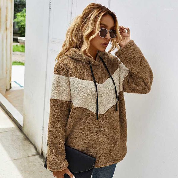 

women autumn winter color matching plush thick coat with hooded collar long-sleeved pullover fake fur loose clothing1, Black