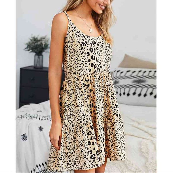 

casual dresses leopard spaghttei strap dress women summer loose sleeveless print back lace-up dersses female vestidos clothing yuv, Black;gray