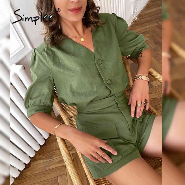 

green v-neck casual loose women's two piece summer fashion pocket suit high street style short sleeve chic suits 210414, White