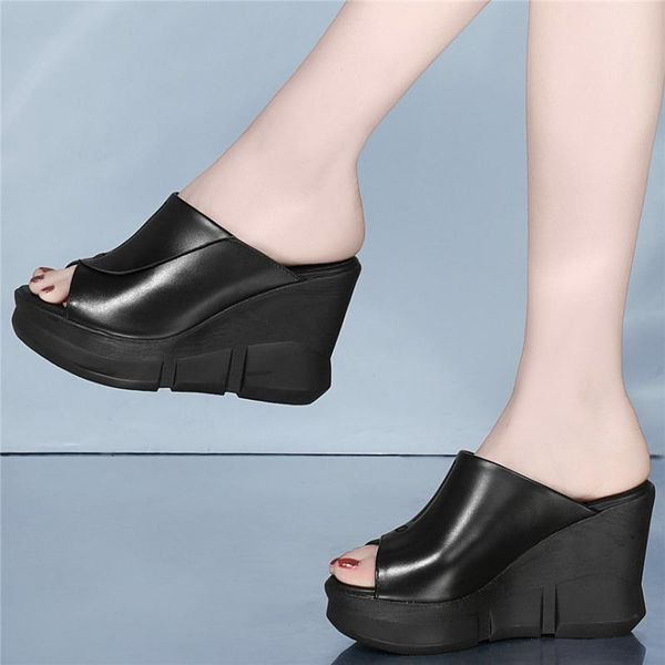 

punk sneakers women genuine leather wedges high heel gladiator sandals female open toe party platform pumps shoes casual, Black