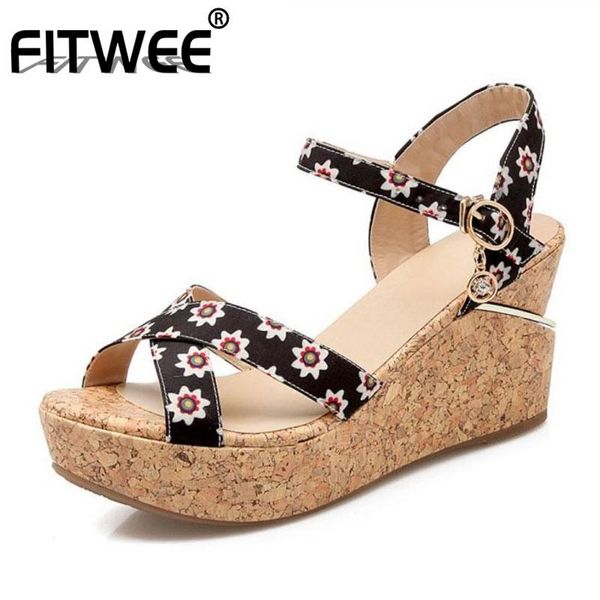 

dress shoes fitwee summer print women sandals thick bottom wedges casual holiday high heel buckle footwear size 33-40, Black