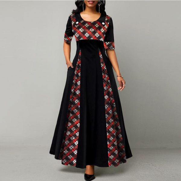 

casual dresses missjoy elegant plaid printed dress women half sleeve pocket long robe ladies vintage a-line swing party tallas grandes, Black;gray
