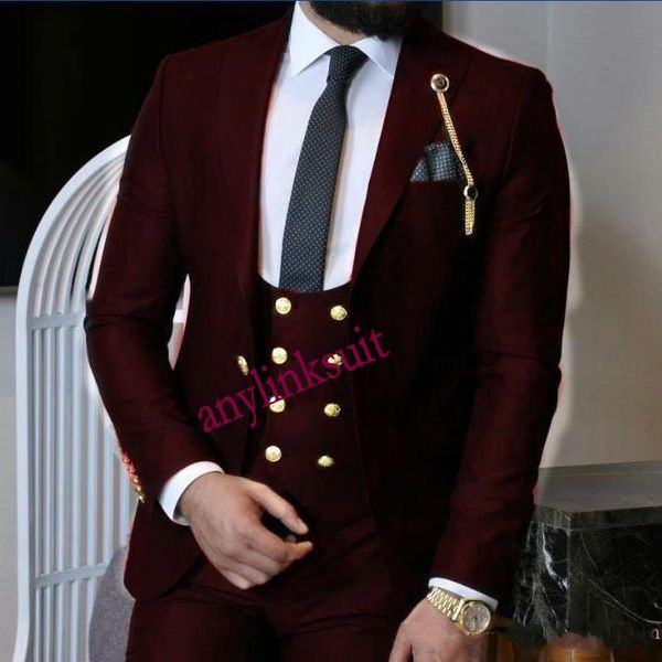 Последний дизайн One Button Button Black / Green / Wine / Blue Groom Tuxedos Peak Peak Orsel Свадебные Мужские костюмы 3 штуки бизнеса (куртка + брюки + жилет + галстук) W1315