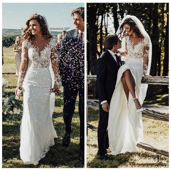 2021 Abiti da sposa sexy slim bohémien Maniche lunghe Appliques di pizzo Abiti da sposa da giardino Abiti da sposa lunghi formali personalizzati