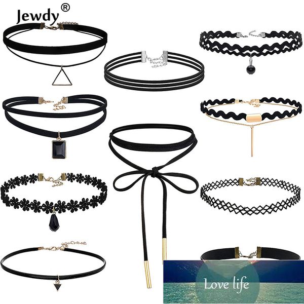 Jewdy 10 Pçs / Set Bonitos Colares Colares Gótico Tatuagem Preto Laço De Couro Veludo Bohemia Link Chain Mulheres Feminino Charm presentes 2021