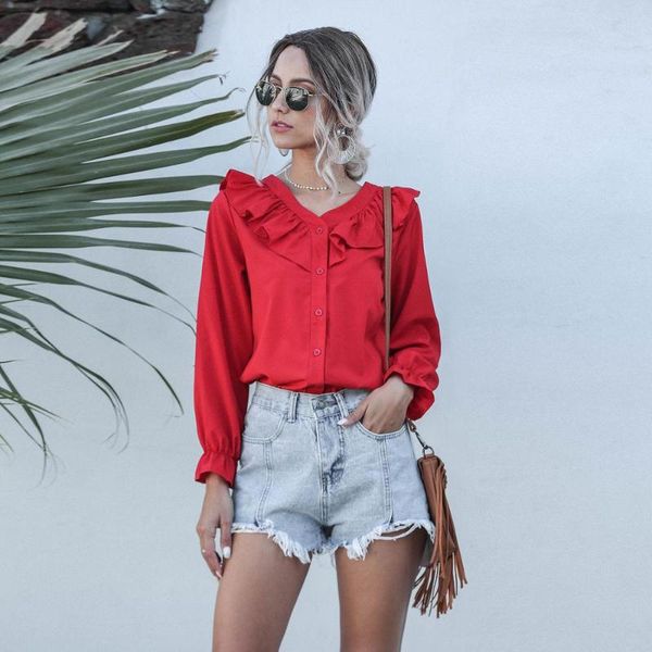 

women's casual blouse sweet v neck ruffle long sleeve shirt spring autumn elegant office lady solid color 2021 arrival blouses & shirt, White